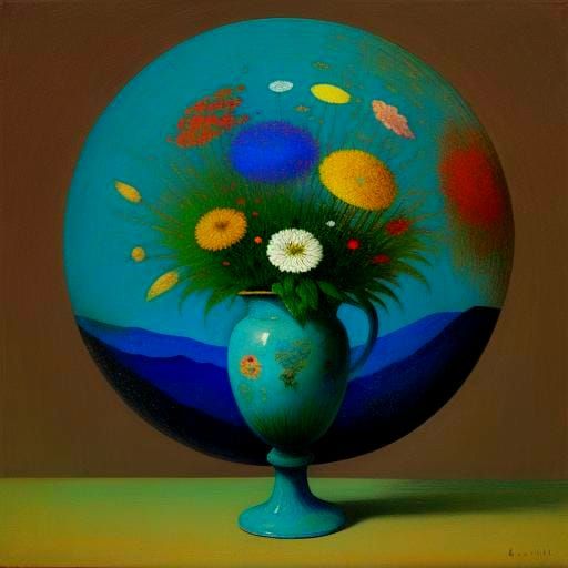 Dreamlike Flowers in Turquoise Vase, Surrealist Painting