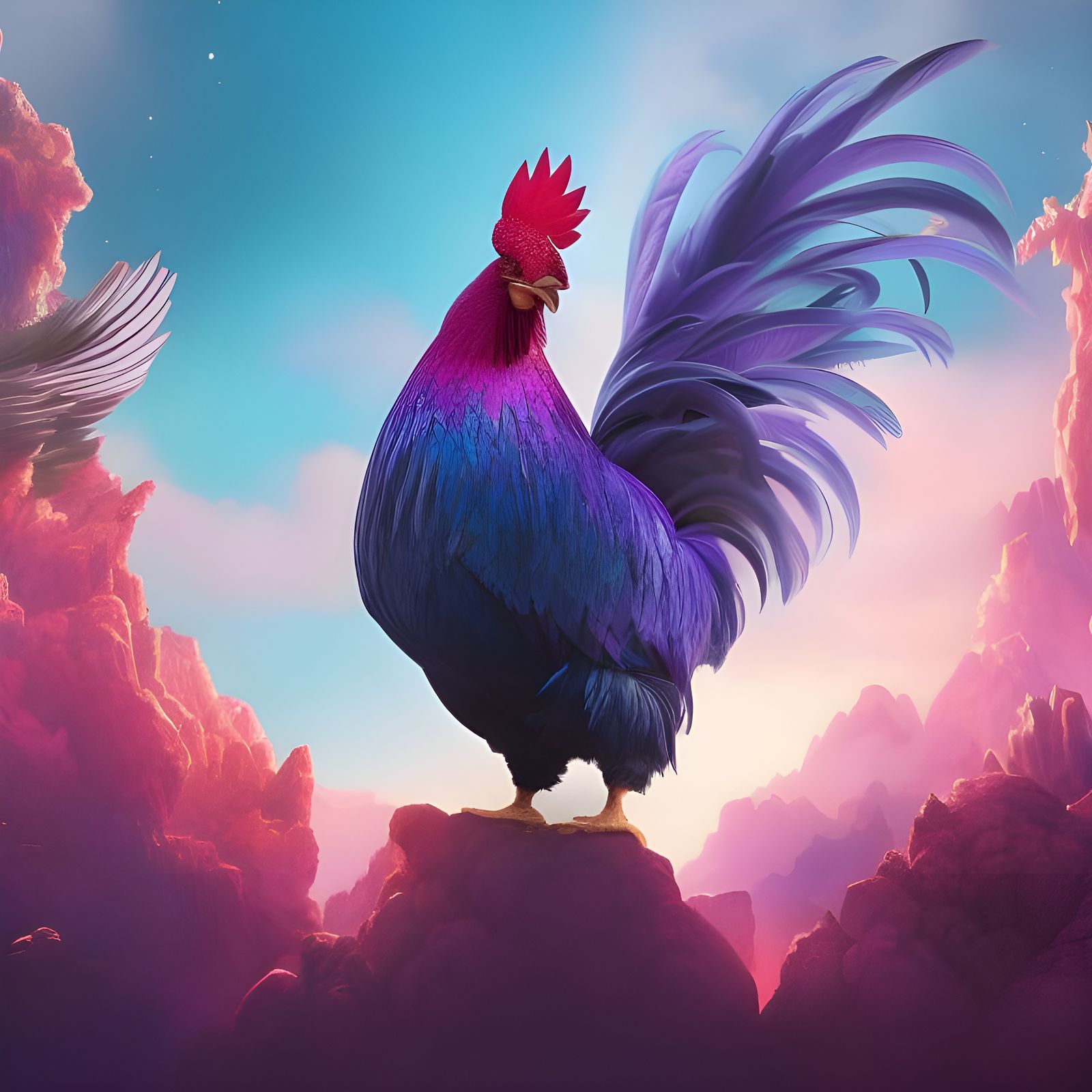 Beautiful purple rooster in fairyland
