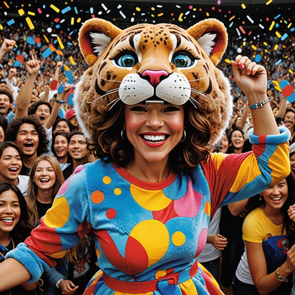 Celebratory Cougar Mascot Lady in Vivid Pop Art Style