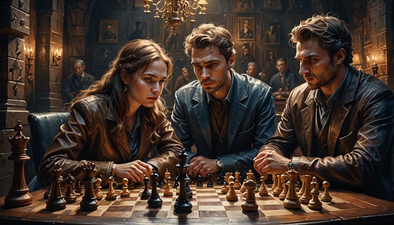 Dramatic Chess Match in Detailed Oil Painting