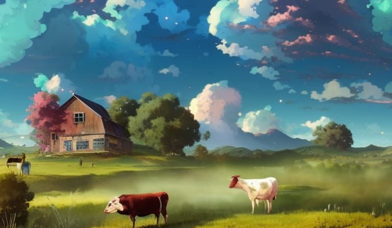 Anime Farmhouse with Colorful Sky and Clouds