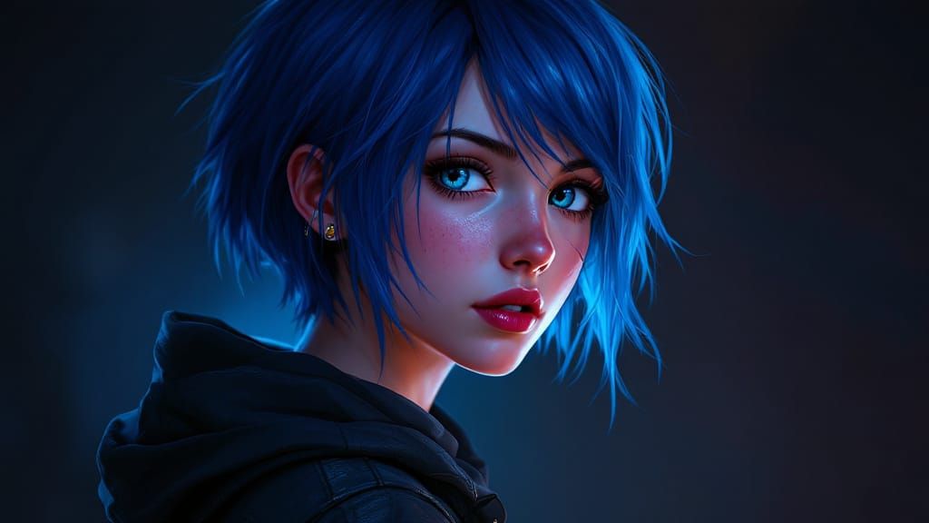 Chloe Price Portrait with Blue Hair, Expressive Art