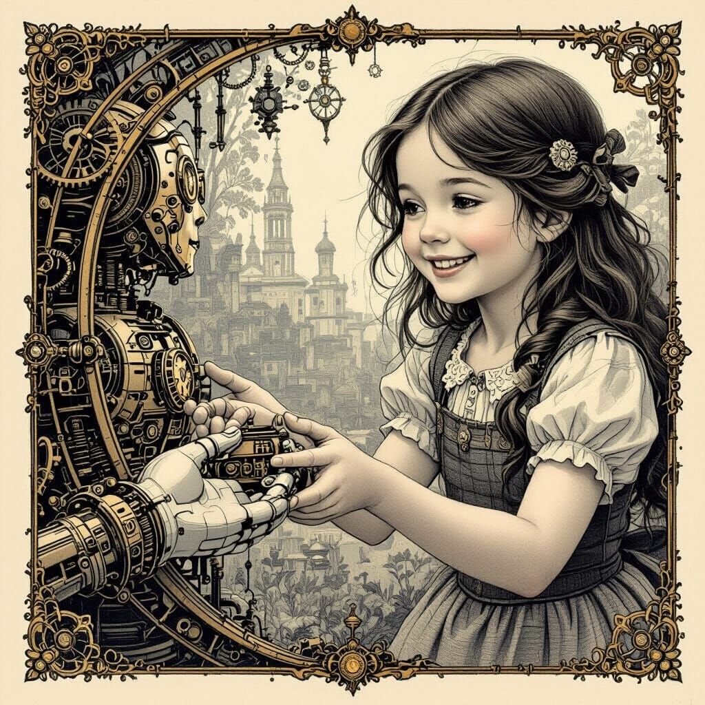 Girl Reaches for Painter in Steampunk Album Page