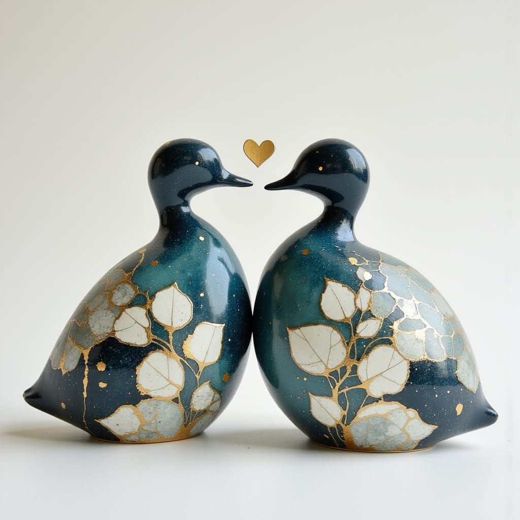 Porcelain Grebes Create Heart with Kintsugi Details