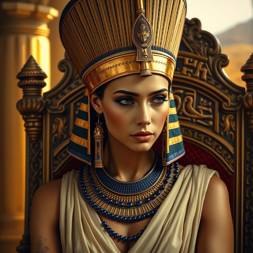 Egyptian Queen in Golden Headdress, Shrouded in Sorrow