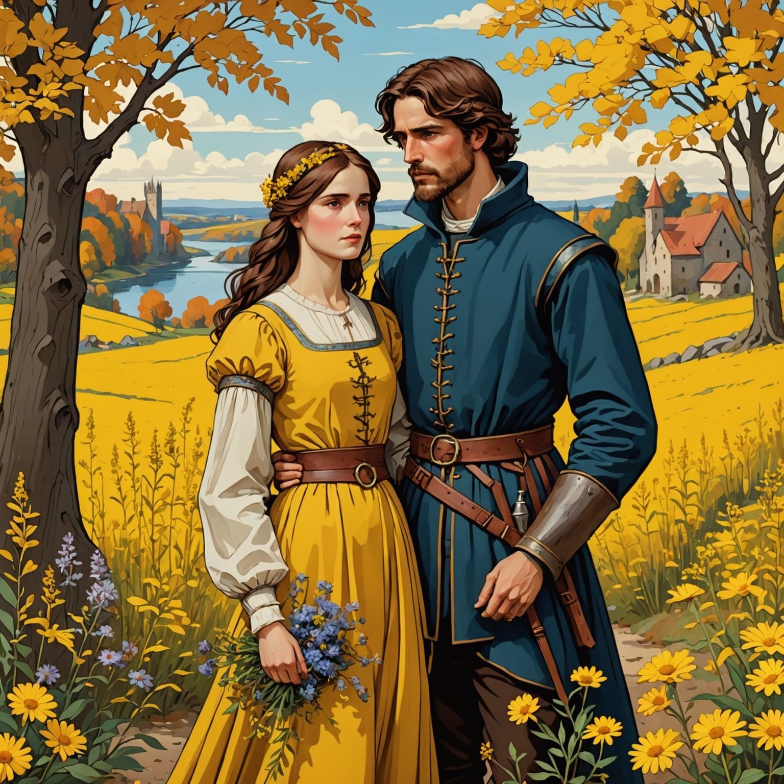 Medieval Couple in Autumnal Field, Pre-Raphaelite Anime Styl...