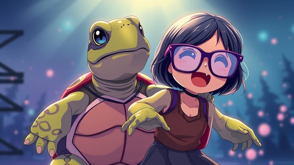 Cool Singing Turtle and Shy Girl in Anime Style