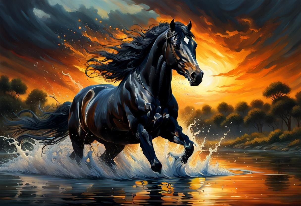 Magnificent Black Horse Galloping, Fine Art Oil Painting