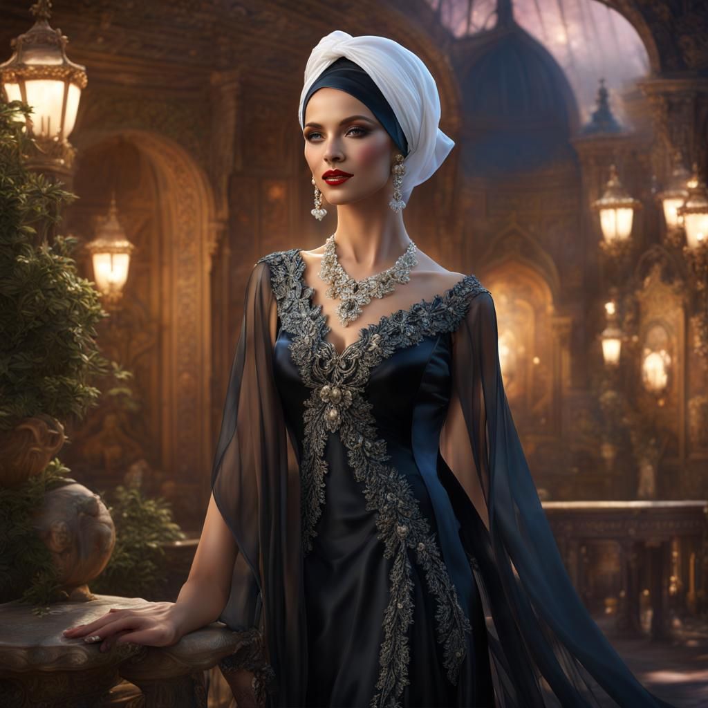 Glamorous Lady in Black Nightgown, Detailed Digital Art