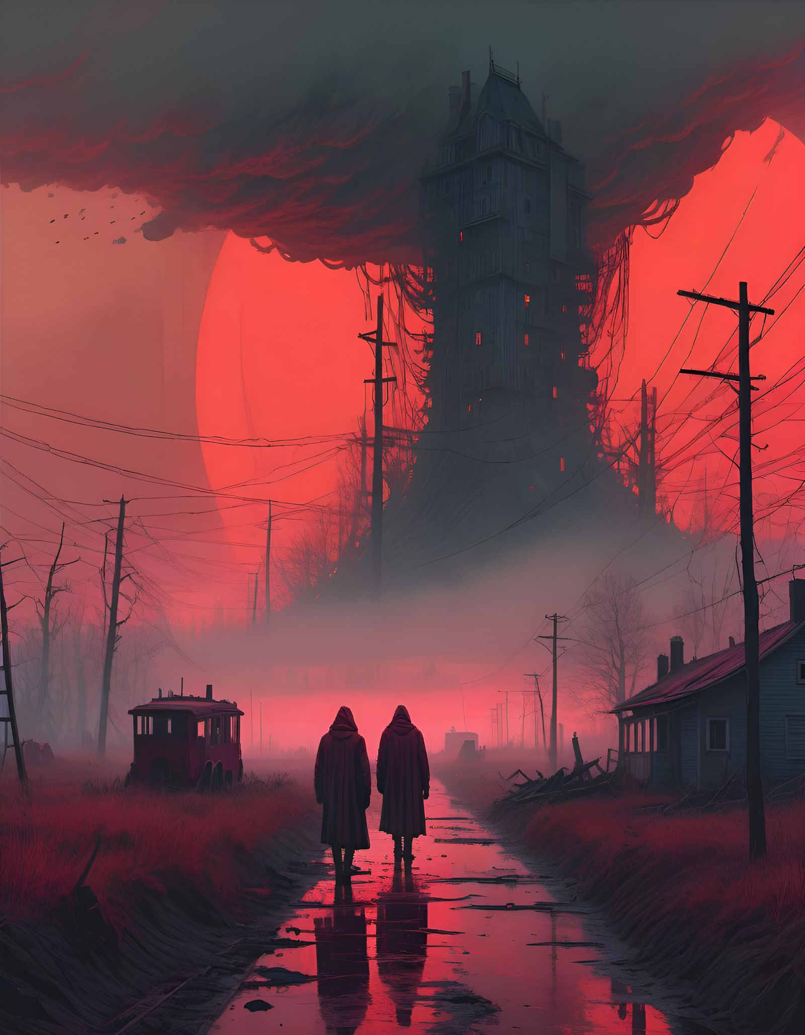 Eerie Red Sky Landscape Inspired by Romanticism