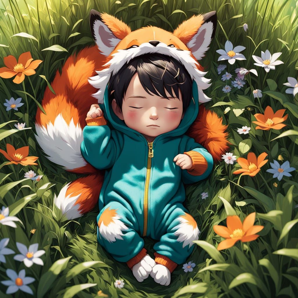 Babyfox in a Field of Wildflowers, in 3D Anime Art Style