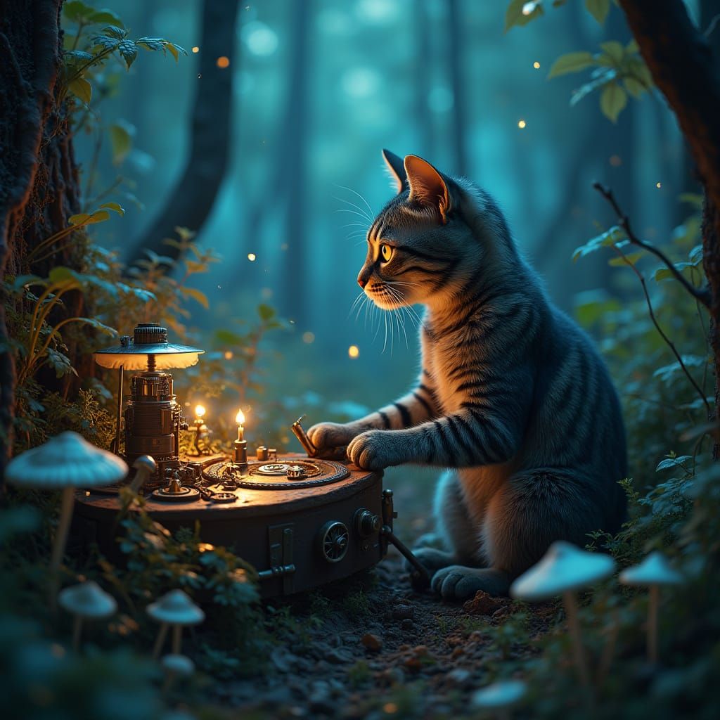 Steampunk Cat Tinkers with Rock and Roll Engine in Enchanted...