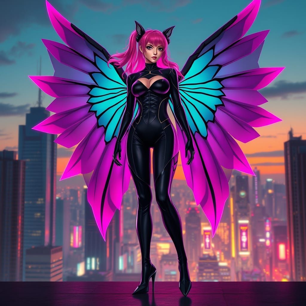 Lady Sakura with Cyberpunk Wings at Dusk