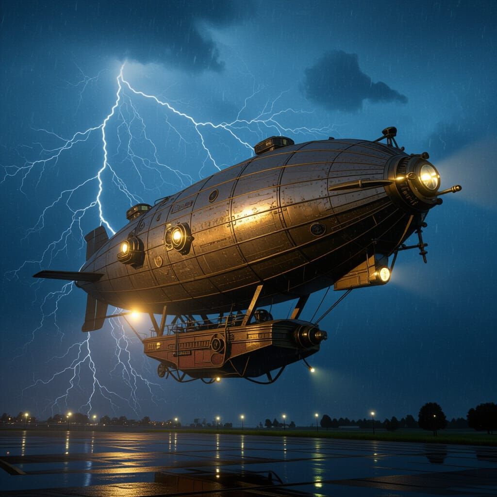 Majestic Steampunk Airship Navigates Stormy Night