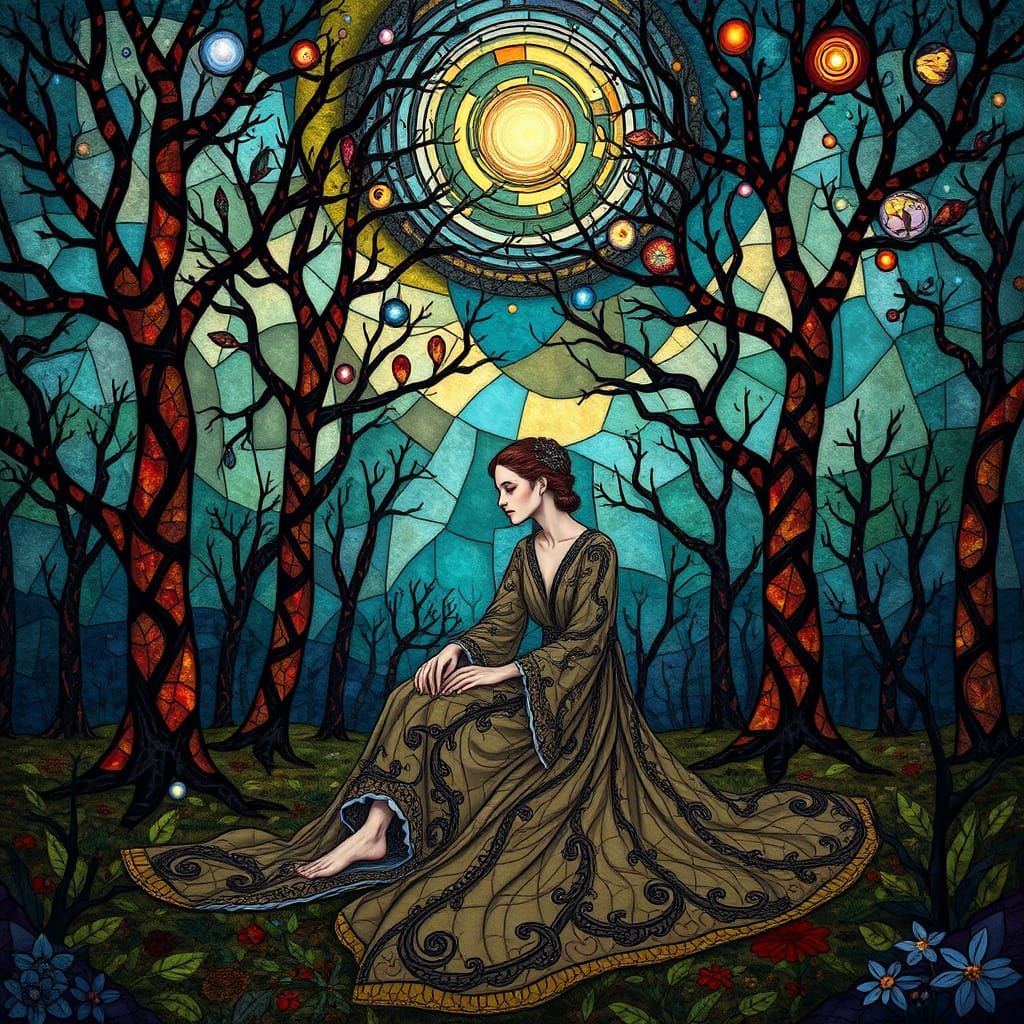 Surreal Forest Glade with Stained Glass Trees