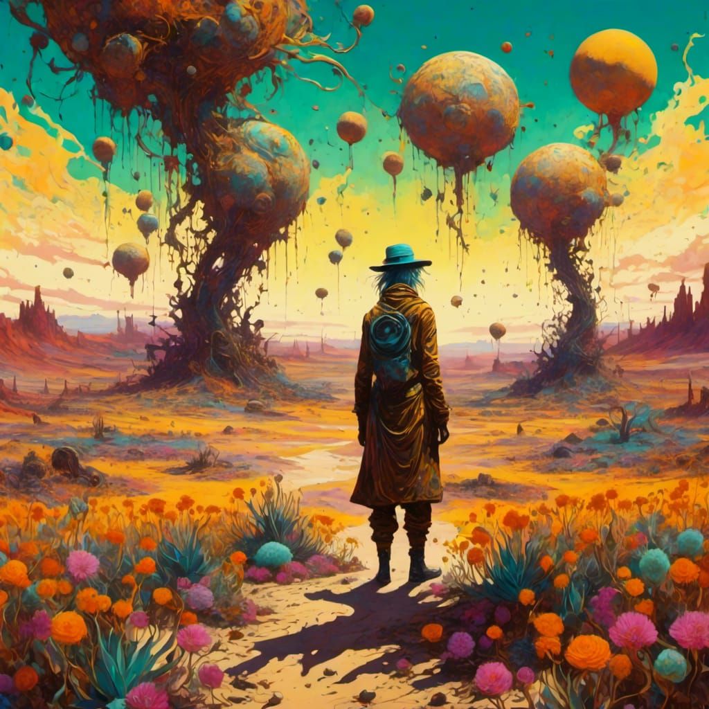 Surreal Nomad in Desolate Dreamscape: Dali-Inspired Art