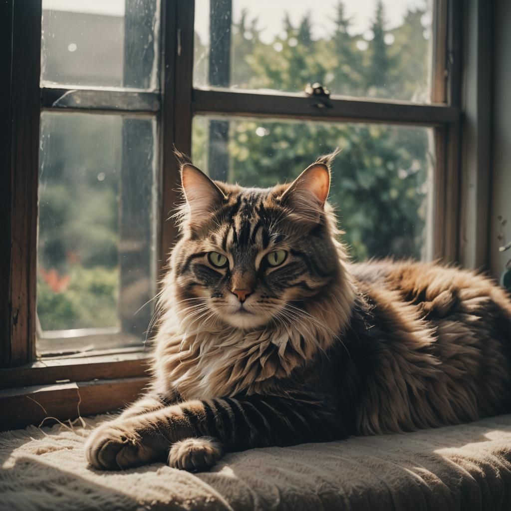 Fluffy Cat Asleep: Cinematic Film Still