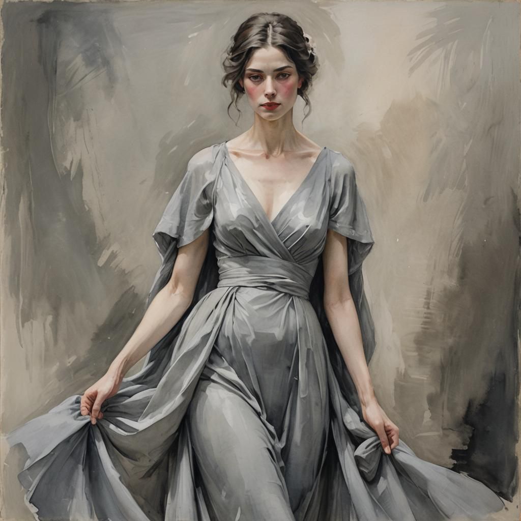 Serene Woman in Grey Gown: Impasto Gouache and Watercolor