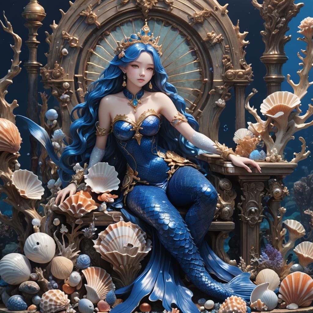 Blue Mermaid on Seashell Throne: 3D Anime Art
