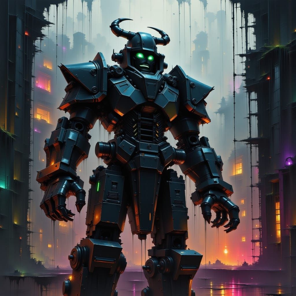 Biomechanical Lego Warrior in Cyberpunk Cityscape