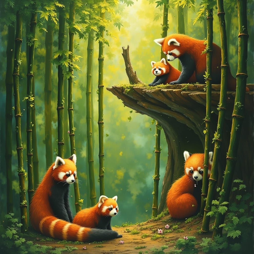 Magical Red Panda Family in Enchanted Bamboo Forest