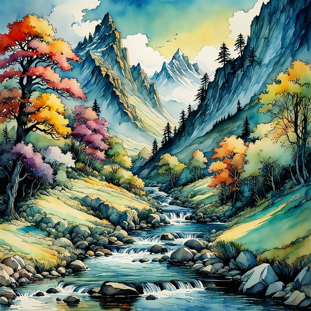 Watercolor Mountain Stream in Arthur Rackham Anime Style
