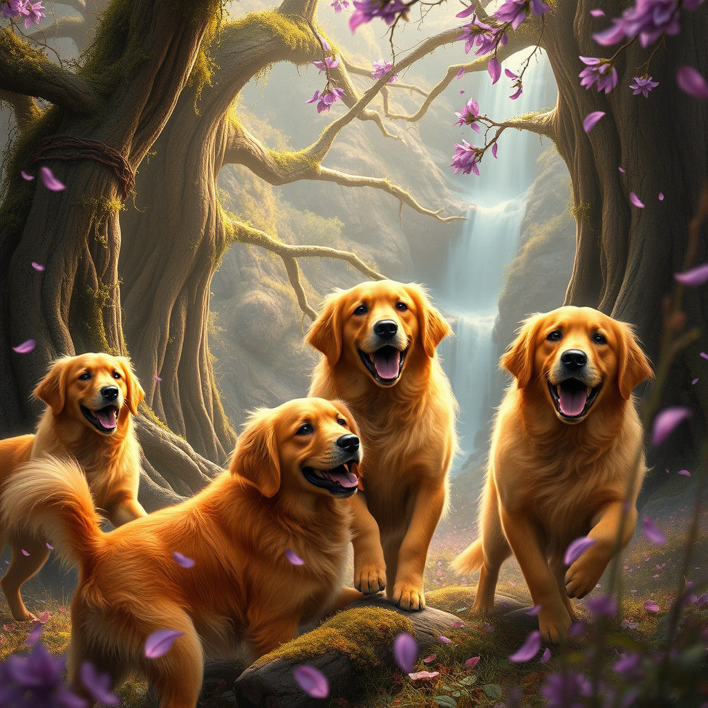 Golden Retrievers in a Dreamlike Fantasy Landscape