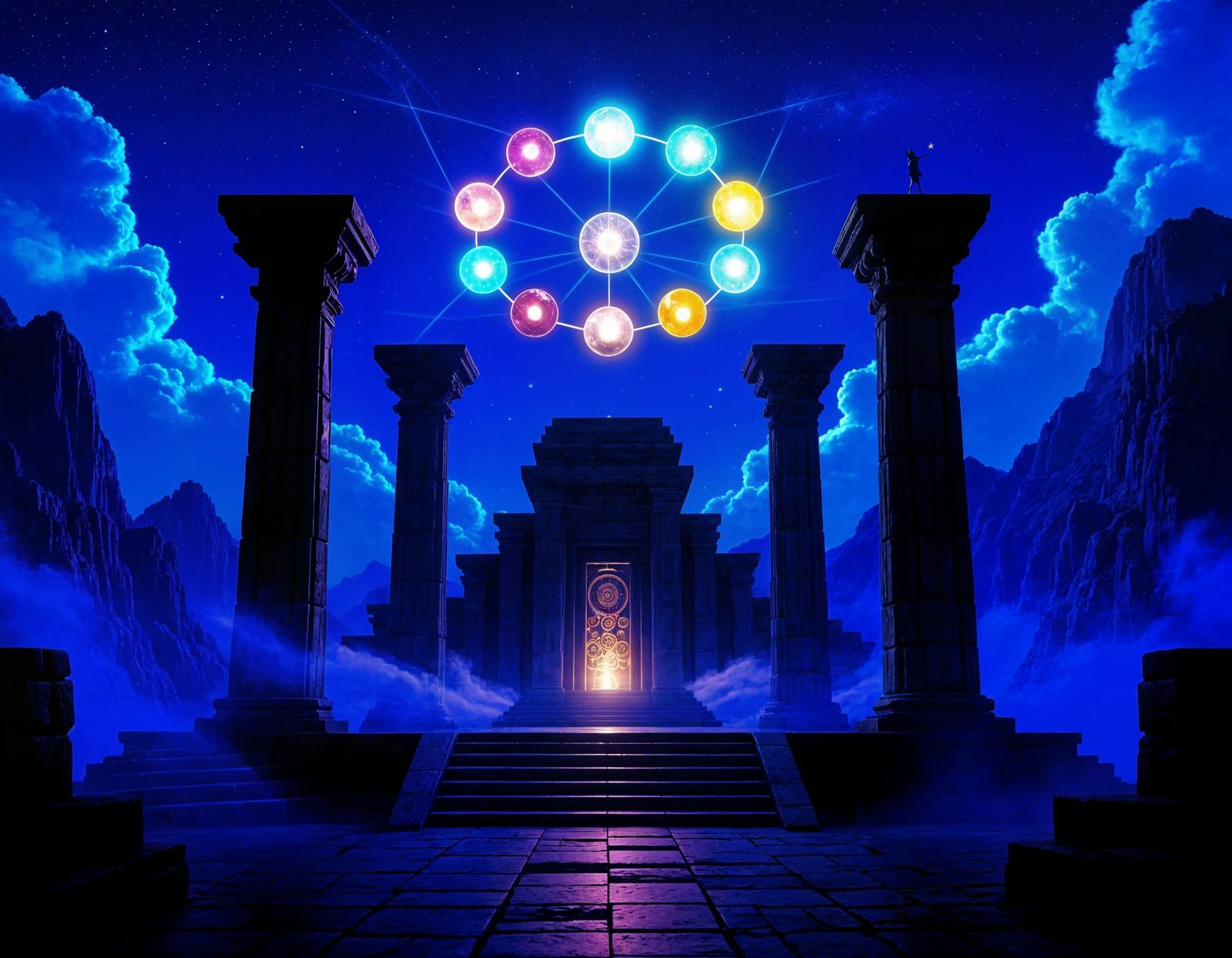 Mystical Cosmic Temple with Glowing Orbs in Cyberpunk Style