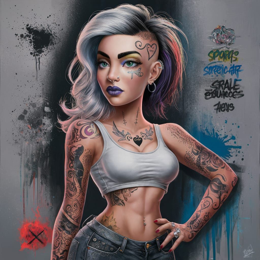 Tattooed Woman Portrait with Heterochromia in Street Art Sty...