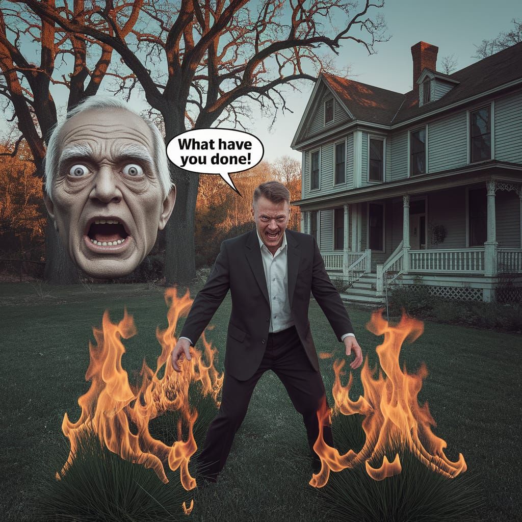 Surreal Dream Scene: DJ Burns Lawn with Nebbercracker Horror