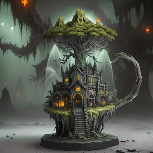 Dark Fantasy Figure Amidst Twisted Ruins