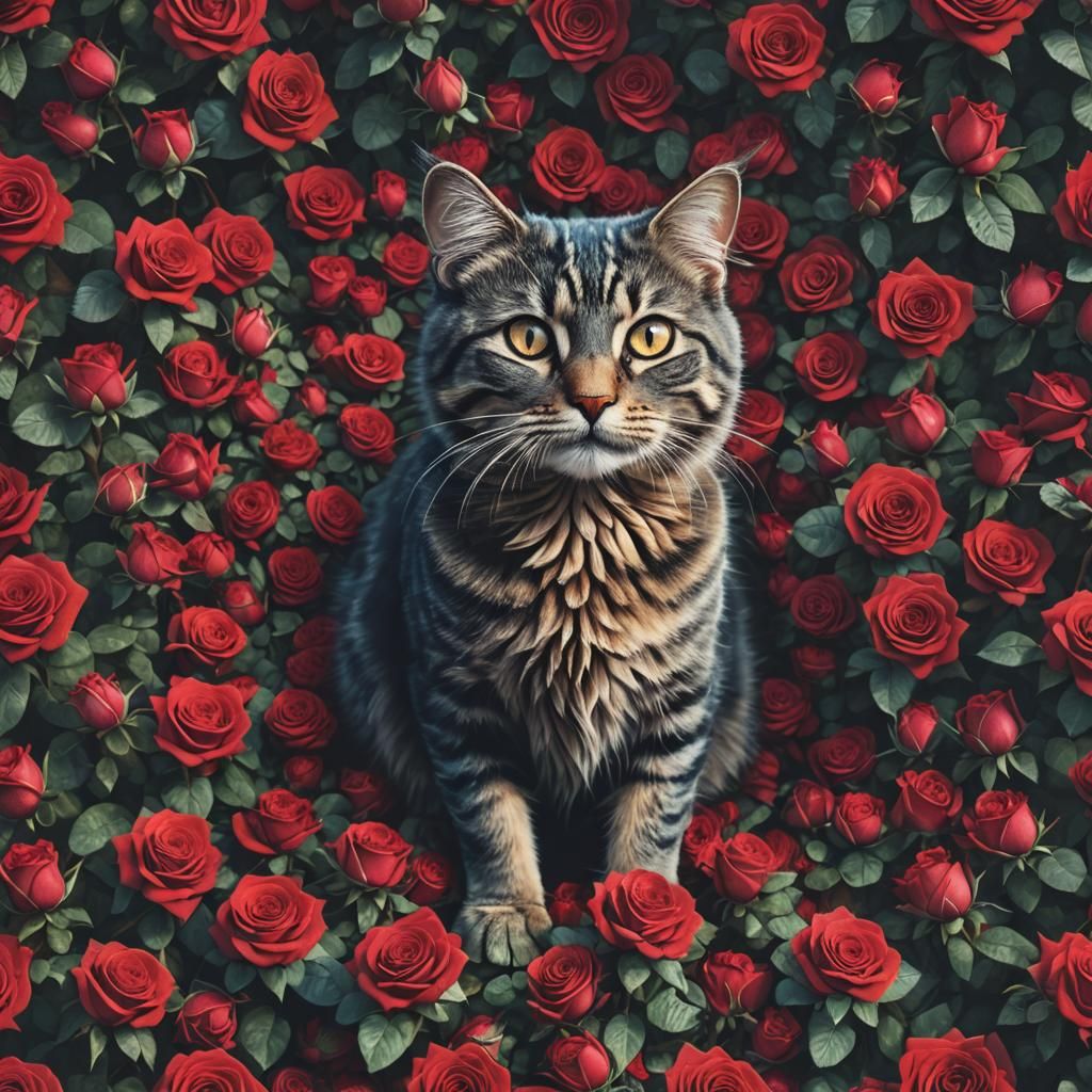 Cat on Roses: Detailed Matte Painting