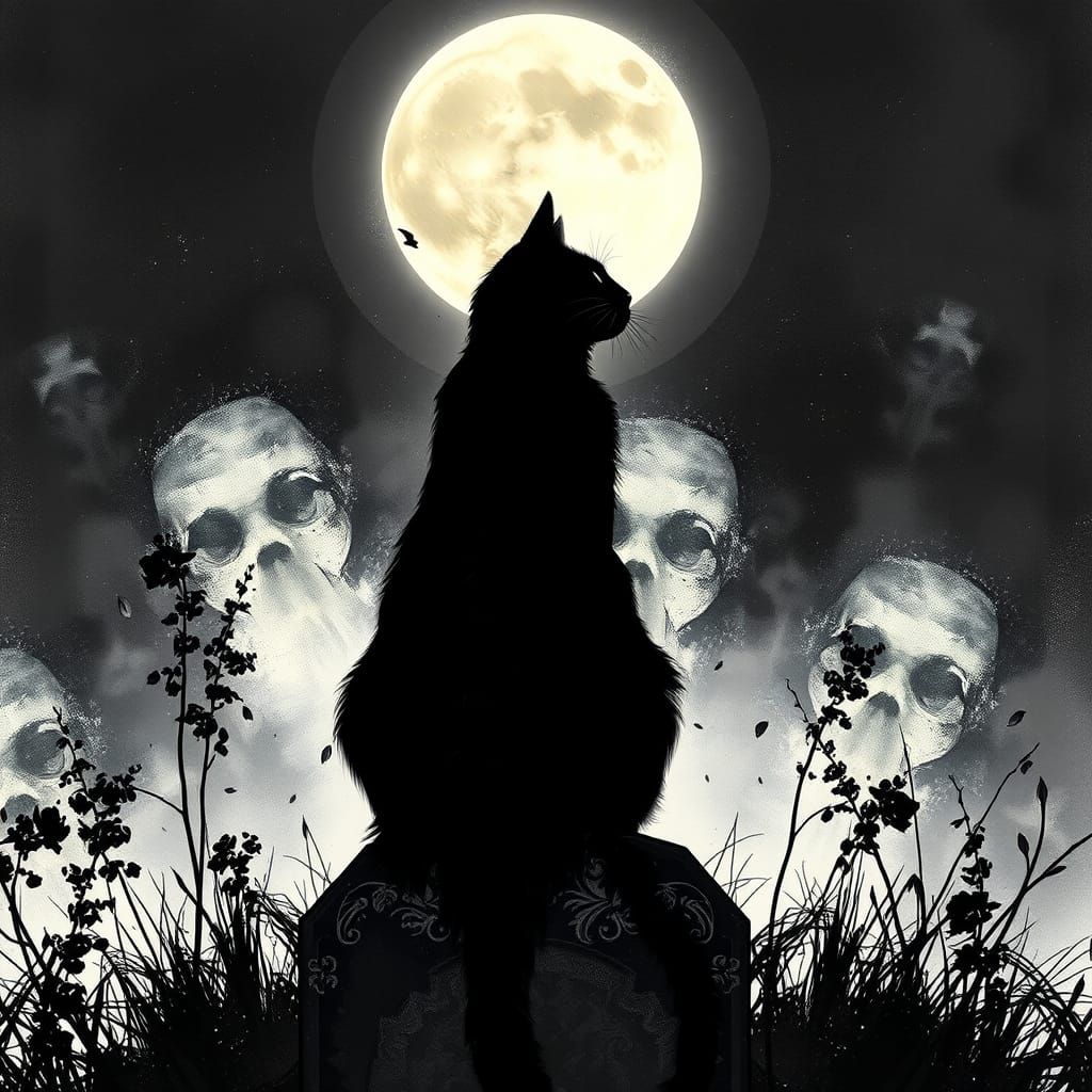 Black Cat and Moon in Surreal Ink Splatter Art