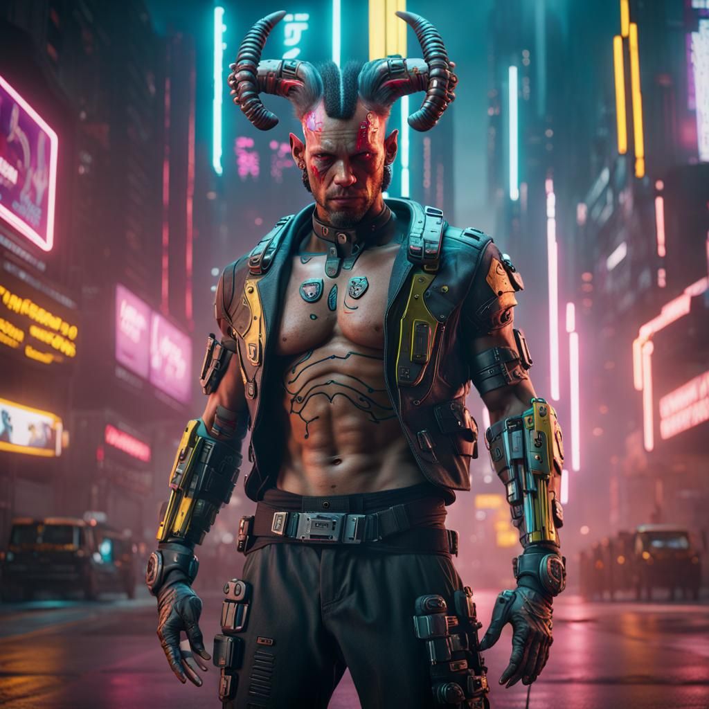 Cyborg Horned Male in Cyberpunk Style