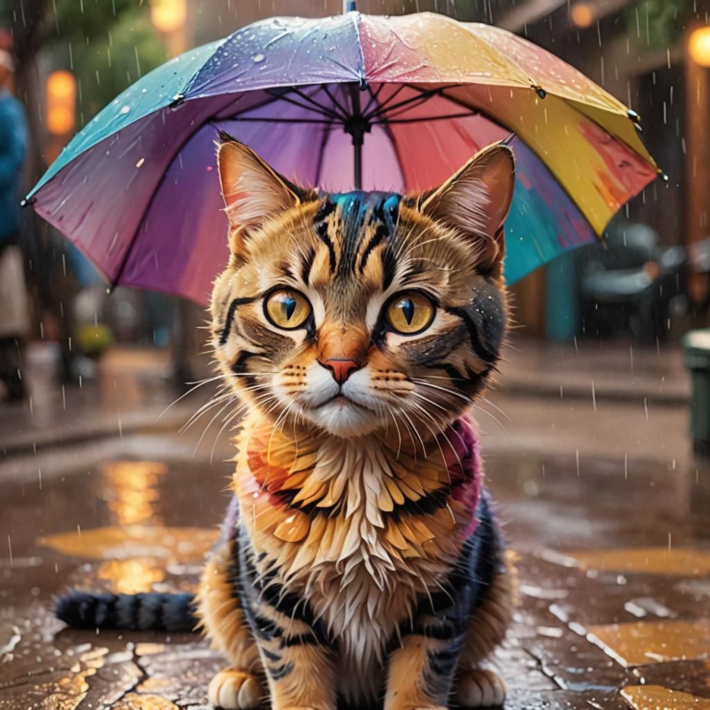 Sad Cat Under Umbrella in Pixar Animation Style