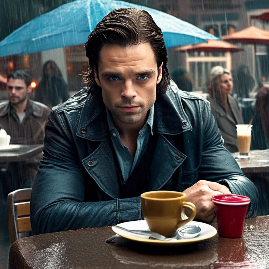 Sebastian Stan in Rainy Cafe: Detailed 4K Portrait