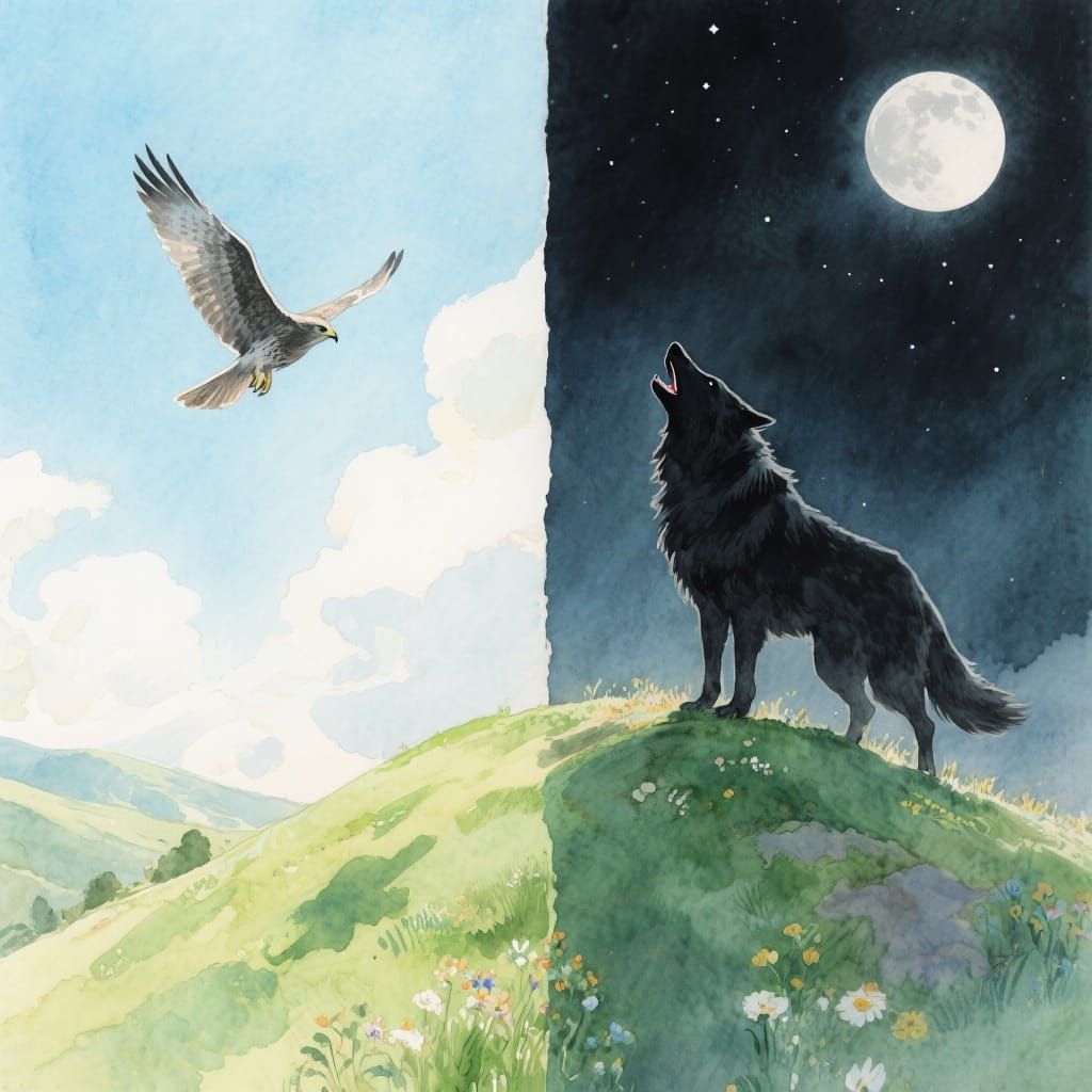 Watercolor Split Image: Hawk and Wolf