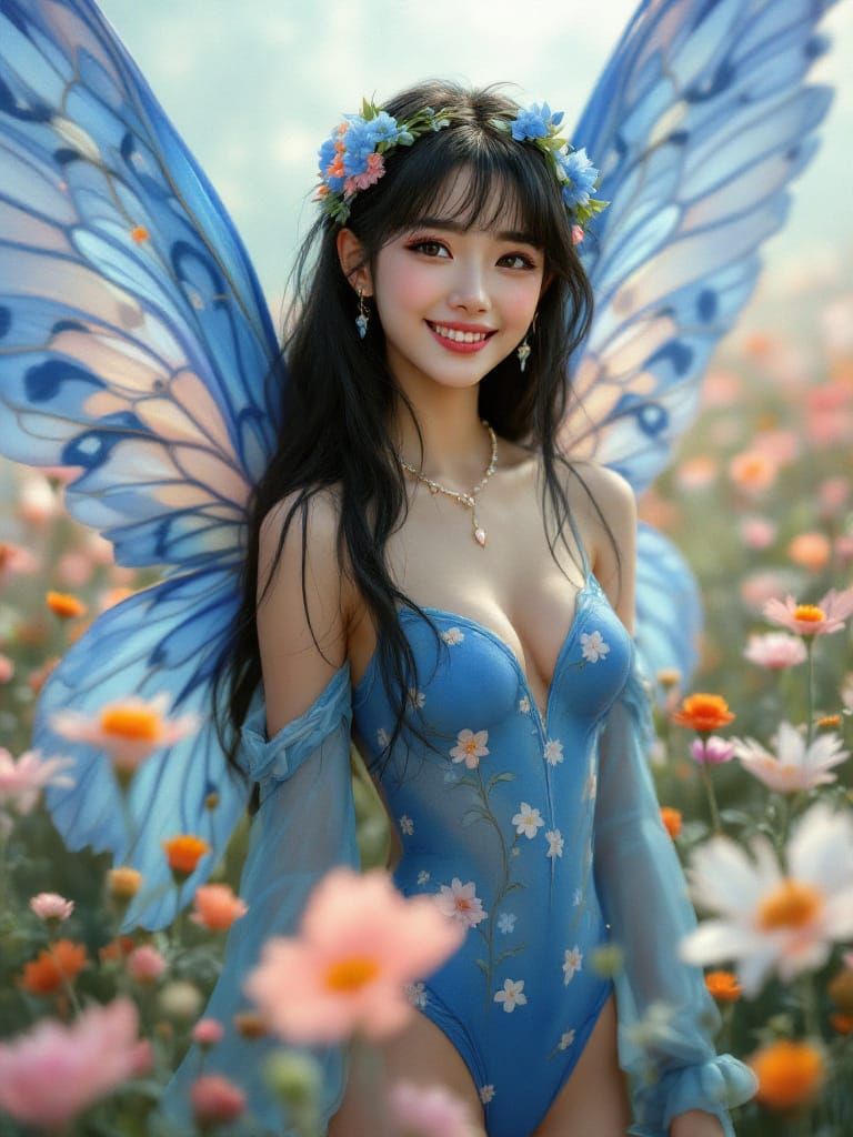 Fairy Woman in Flower Field, Watercolor Style