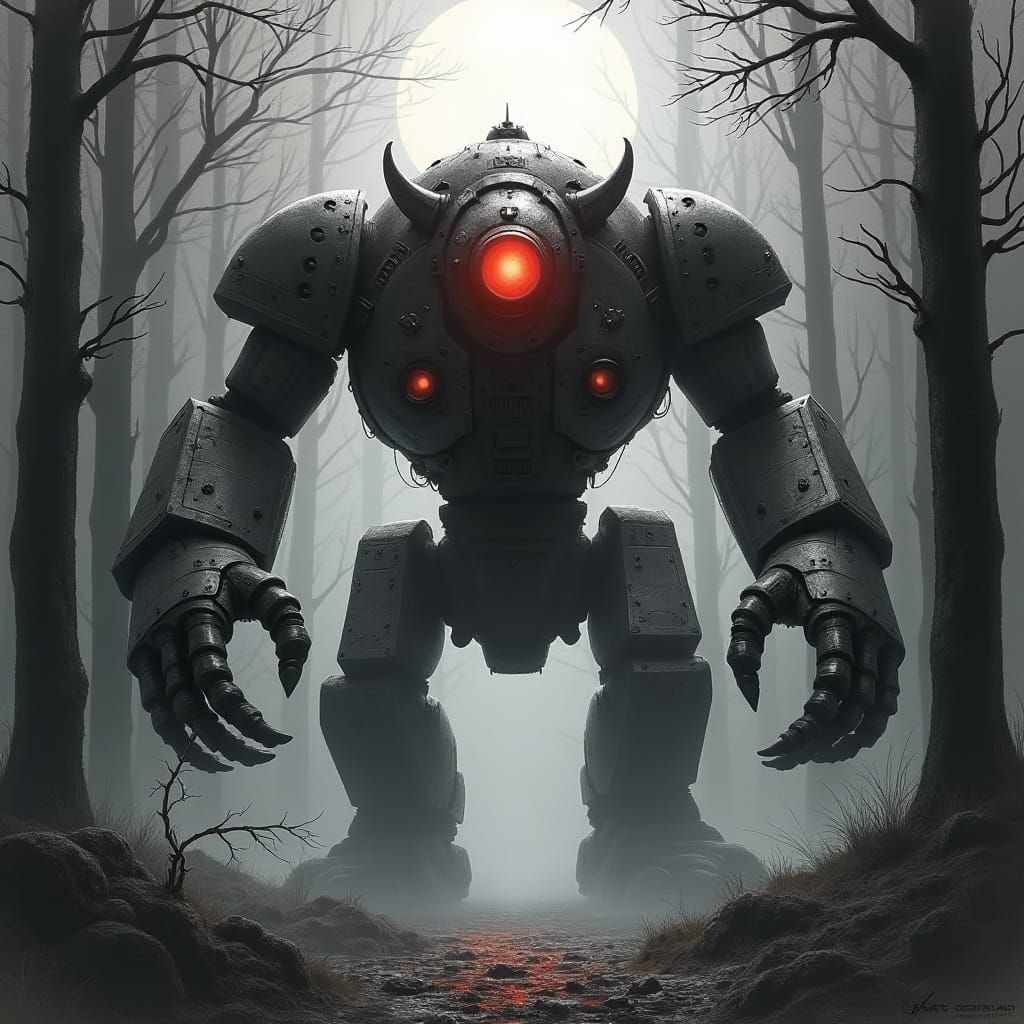Monster Mecha Robot in Dark Woods, Charcoal Drawing