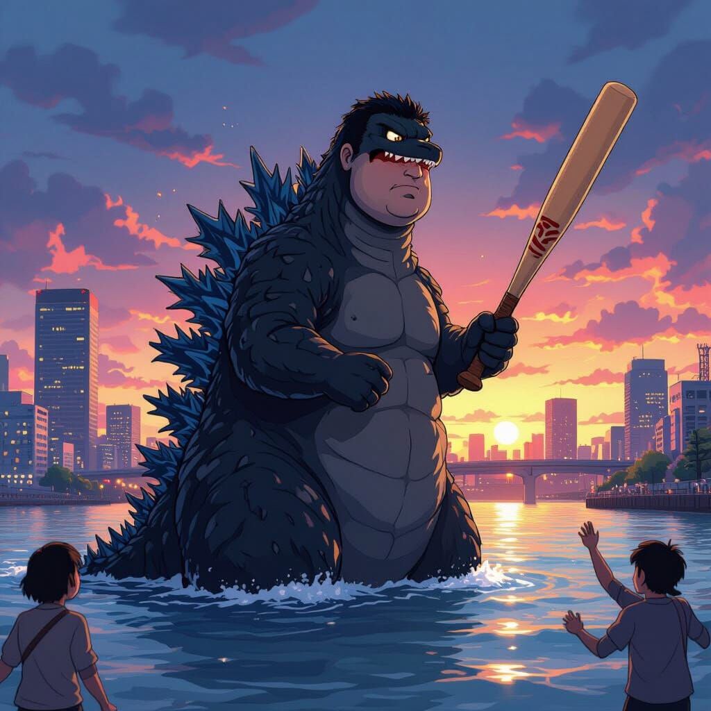 Godzilla with Human Head in Anime Style