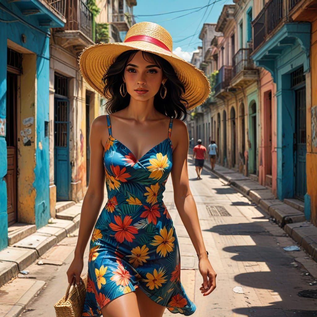 Cuban Woman in Havana Street: Comic Book Art