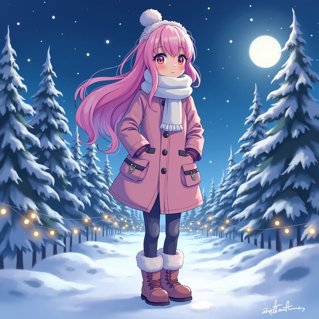Anime Girl in Winter Wonderland Scene, Soft Watercolor Style