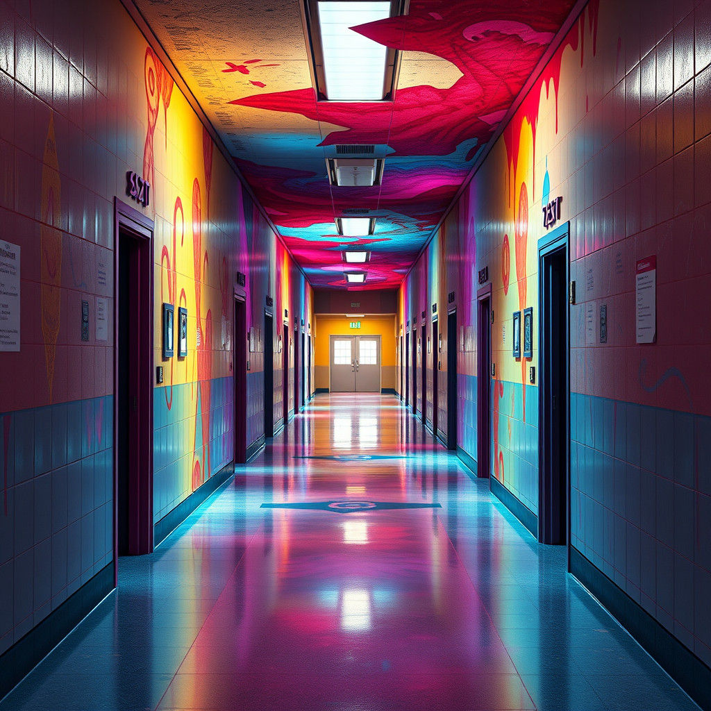 Surreal High School Hallway in Fantasy Concept Art Style