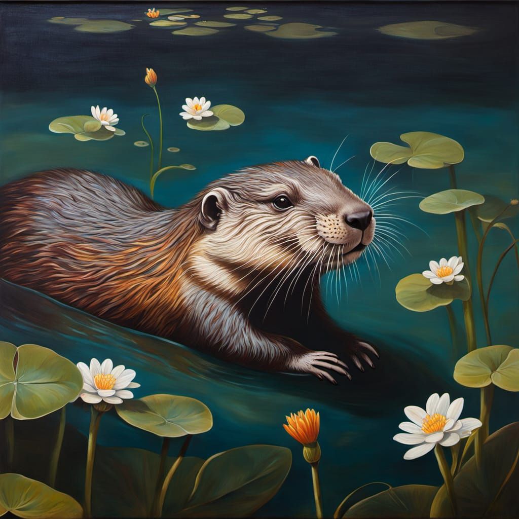 Masked River Otter Portrait on Patinated Oil Canvas