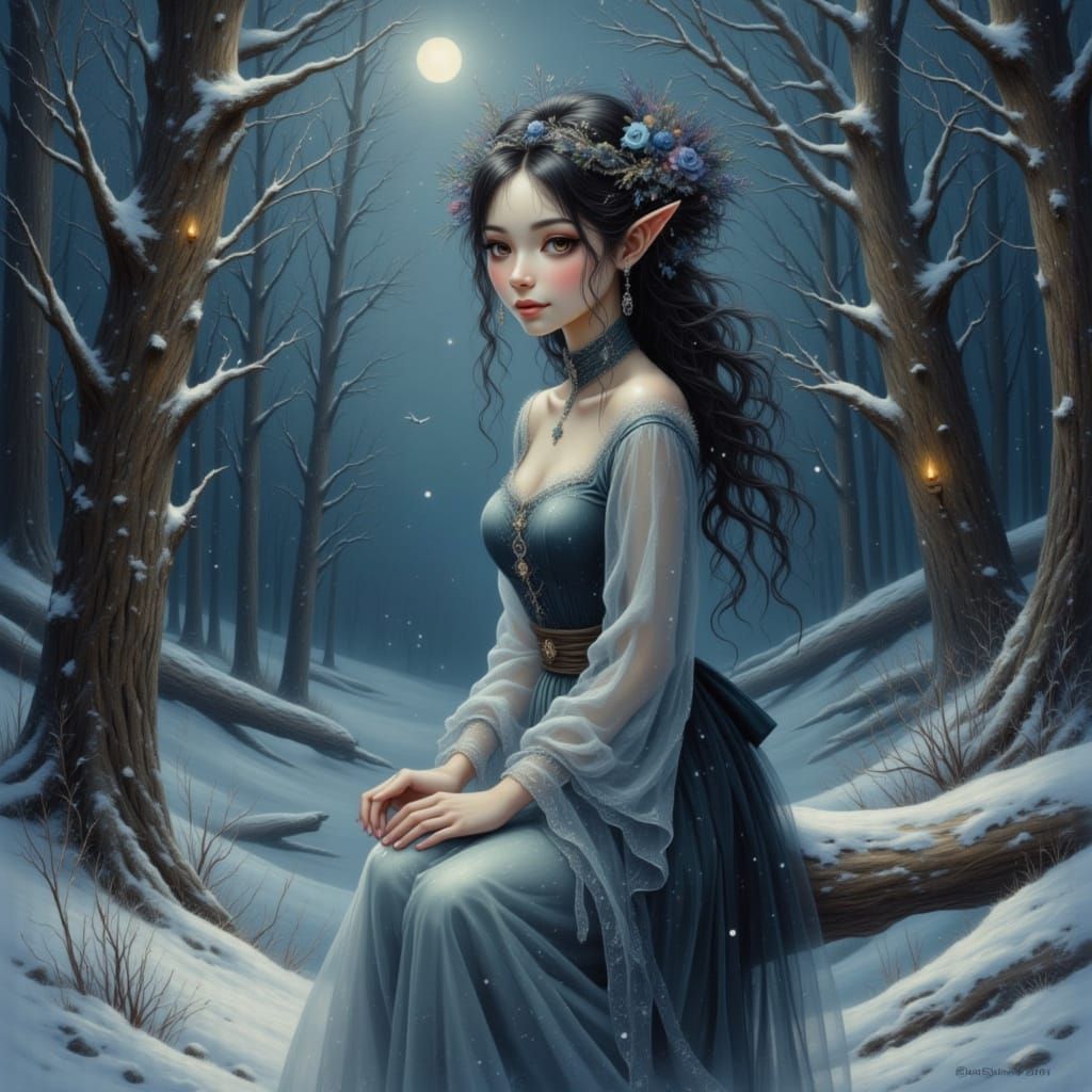 Alien Girl in Snowy Winter Forest