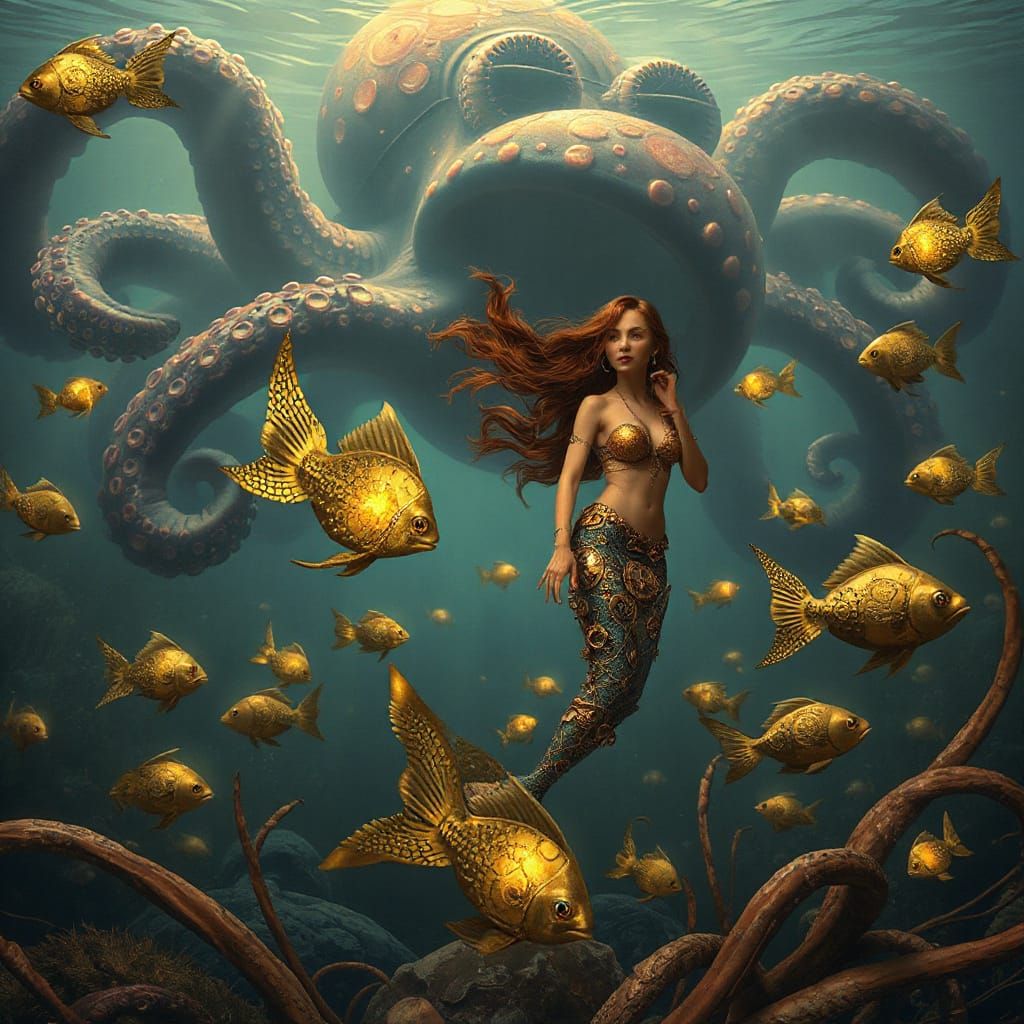 Mermaid Amidst Clockwork Ocean in Industrial Futurism Style