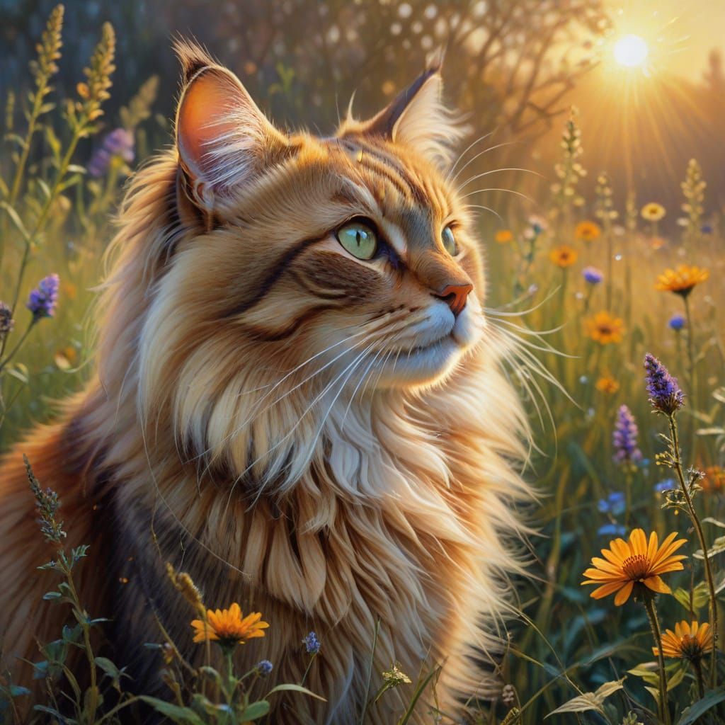 Glowing Wildflower Field Cat in Impressionist Style