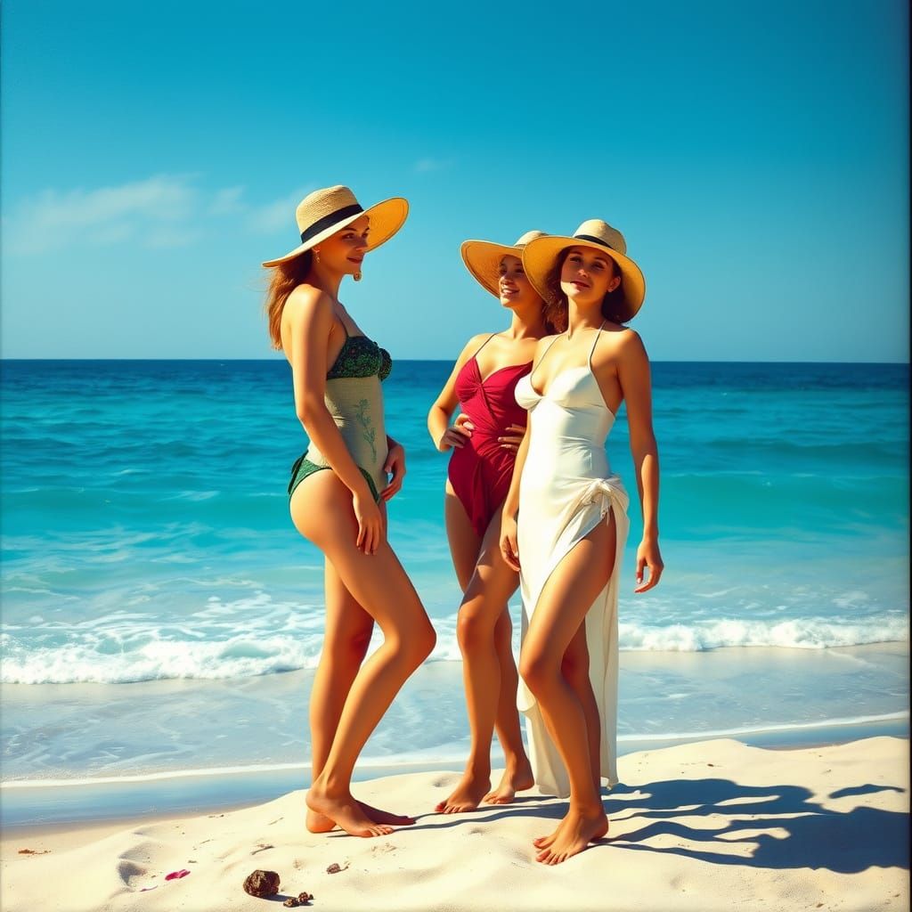 Elegant Women on Azure Beach, Art Nouveau Style