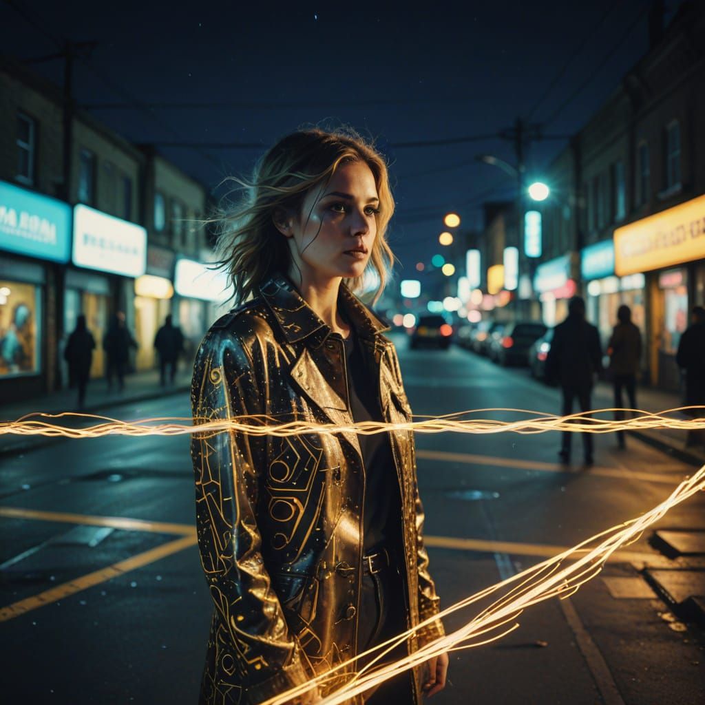 Surreal Graffiti Cityscape with Glowing Tramlines and Electr...
