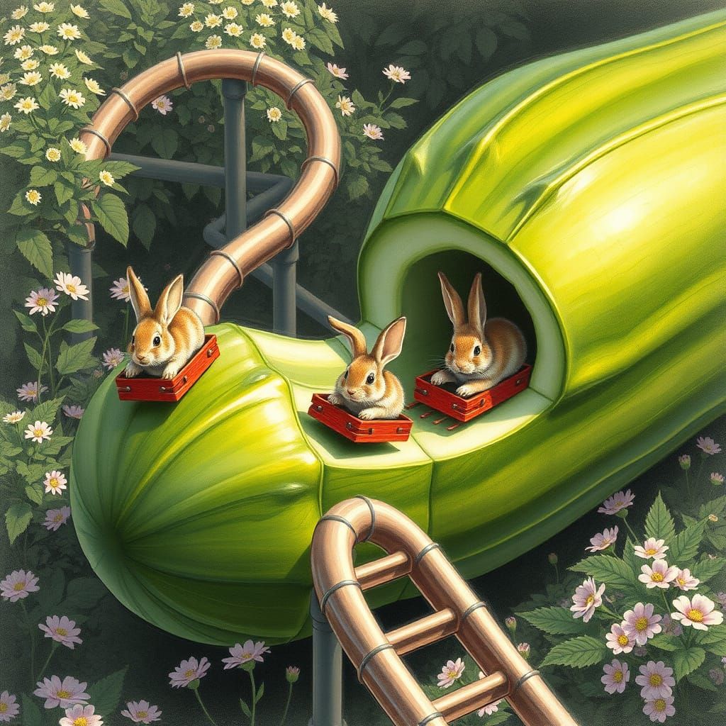 Hyperrealistic Cucumber Roller Coaster with Rabbits